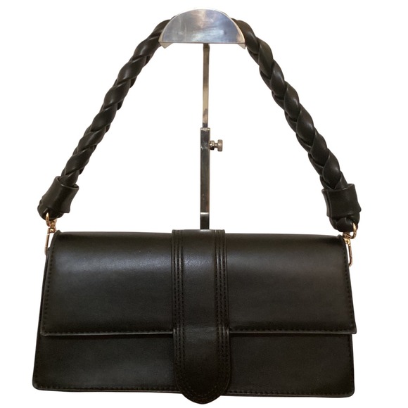 Moda Luxe Handbags - Moda Luxe Black Faux Leather Clutch Handbag Braided Top Handle Evening Bag